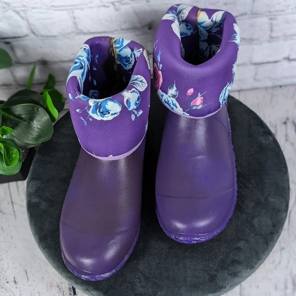 Wet weather rubber boots, rain, gardening, neoprene roll down purple floral 10 - Picture 14 of 15